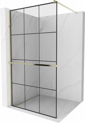 Mexen Kioto+ Walk-In Zuhanyfal    törölközö  tartóval  110 x 200 cm,  átlátszó üveg/ fekete    8 mm,  arany  - 800-110-121-50-7 Walk-In Zuhanyfal