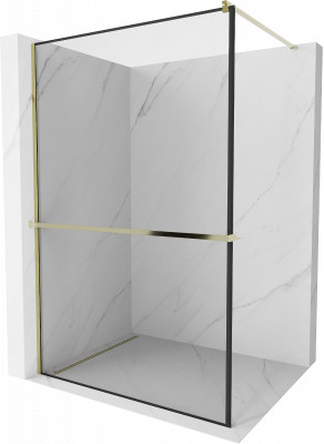 Mexen Kioto+ Walk-In Zuhanyfal    törölközö  tartóval  70 x 200 cm,  átlátszó üveg/ fekete    8 mm,  arany  - 800-070-121-50-7 Walk-In Zuhanyfal