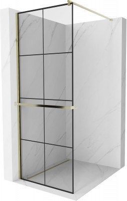 Mexen Kioto+ Walk-In Zuhanyfal    törölközö  tartóval  70 x 200 cm,  átlátszó üveg/ fekete    8 mm,  arany  - 800-070-121-50-7 Walk-In Zuhanyfal