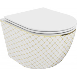 Mexen Lena  Perem nélküli fali wc lassú záródásu tetövel  slim, duroplast,  fehér/arany model  - 30224009 Wc Wc 406594 Mexen