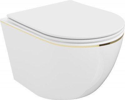 Mexen Lena  Perem nélküli fali wc lassú záródásu tetövel  slim, duroplast,  fehér/arany - 30224005 Wc