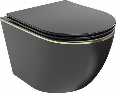 Mexen Lena  Perem nélküli fali wc lassú záródásu tetövel  slim, duroplast,  fekete mat/arany  - 30224075 Wc