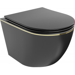 Mexen Lena  Perem nélküli fali wc lassú záródásu tetövel  slim, duroplast,  fekete mat/arany  - 30224075 Wc Wc 406594 Mexen