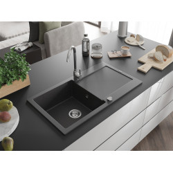 Mexen Leo  konyhai mosogató gránit 1 medence+csepegtetö+ pop up szifon  90 x 50 cm, fekete köhatasu - 6501901010-76 1 medencés