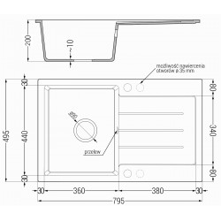 Mexen Bruno  konyhai mosogató gránit 1 medence+csepegtetö+ pop up szifon  795 x 495 mm, beige - 6513791010-69 1 medencés