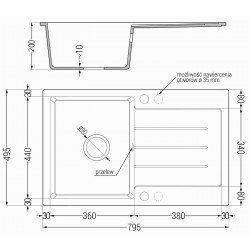 Mexen Bruno  konyhai mosogató gránit 1 medence+csepegtetö+ pop up szifon  795 x 495 mm, fekete / króm- 6513791010-73 1 medencés