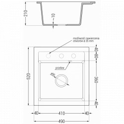Mexen Vito  konyhai mosogató gránit 1 medence+ pop up szifon 520 x 490 mm, szürke  - 6503521000-71 1 medencés