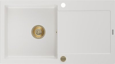 Mexen Leo  konyhai mosogató gránit 1 medence+csepegtetö+ pop up szifon  900 x 500 mm, fehér , szifon  arany  - 6501901010-20-G 1 medencés