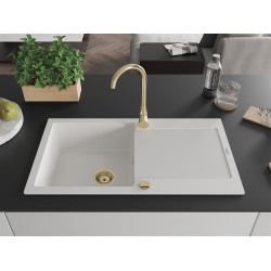 Mexen Leo  konyhai mosogató gránit 1 medence+csepegtetö+ pop up szifon  900 x 500 mm, fehér , szifon  arany  - 6501901010-20-G 1 medencés