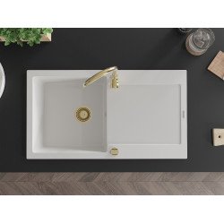Mexen Leo  konyhai mosogató gránit 1 medence+csepegtetö+ pop up szifon  900 x 500 mm, fehér , szifon  arany  - 6501901010-20-G 1 medencés