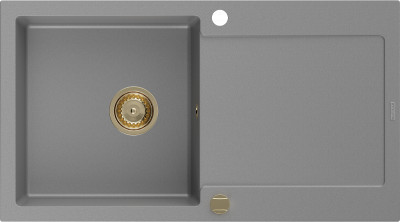 Mexen Leo  konyhai mosogató gránit 1 medence+csepegtetö+ pop up szifon  900 x 500 mm, szürke , szifon  arany  - 6501901010-71-G 1 medencés