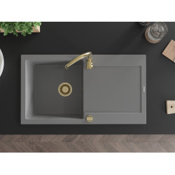 Mexen Leo  konyhai mosogató gránit 1 medence+csepegtetö+ pop up szifon  900 x 500 mm, szürke , szifon  arany  - 6501901010-71-G 1 medencés