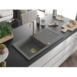 Mexen Leo  konyhai mosogató gránit 1 medence+csepegtetö+ pop up szifon  900 x 500 mm, szürke , szifon  arany  - 6501901010-71-G 1 medencés 1 medencés 406959 Mexen