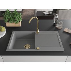 Mexen Leo  konyhai mosogató gránit 1 medence+csepegtetö+ pop up szifon  900 x 500 mm, szürke , szifon  arany  - 6501901010-71-G 1 medencés