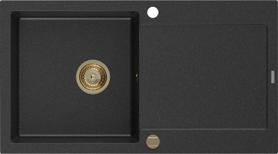 Mexen Leo  konyhai mosogató gránit 1 medence+csepegtetö+ pop up szifon  900 x 500 mm, fekete / króm, szifon  arany  - 6501901010-73-G 1 medencés