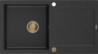 Mexen Leo  konyhai mosogató gránit 1 medence+csepegtetö+ pop up szifon  900 x 500 mm, fekete / króm, szifon  arany  - 6501901010-73-G 1 medencés
