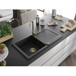 Mexen Leo  konyhai mosogató gránit 1 medence+csepegtetö+ pop up szifon  900 x 500 mm, fekete / króm, szifon  arany  - 6501901010-73-G 1 medencés 1 medencés 406959 Mexen