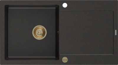 Mexen Leo  konyhai mosogató gránit 1 medence+csepegtetö+ pop up szifon  900 x 500 mm, fekete / arany, szifon  arany  - 6501901010-75-G 1 medencés