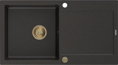 Mexen Leo  konyhai mosogató gránit 1 medence+csepegtetö+ pop up szifon  900 x 500 mm, fekete / arany, szifon  arany  - 6501901010-75-G 1 medencés