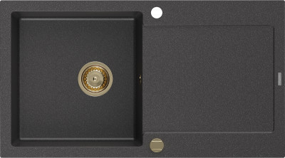 Mexen Leo  konyhai mosogató gránit 1 medence+csepegtetö+ pop up szifon  900 x 500 mm, fekete köhatasu, szifon  arany  - 6501901010-76-G 1 medencés