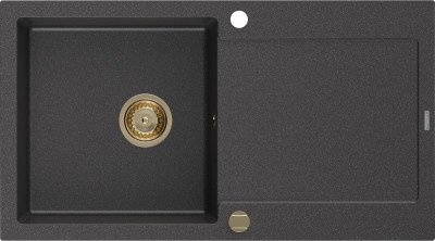 Mexen Leo  konyhai mosogató gránit 1 medence+csepegtetö+ pop up szifon  900 x 500 mm, fekete köhatasu, szifon  arany  - 6501901010-76-G 1 medencés
