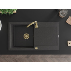 Mexen Leo  konyhai mosogató gránit 1 medence+csepegtetö+ pop up szifon  900 x 500 mm, fekete köhatasu, szifon  arany  - 6501901010-76-G 1 medencés