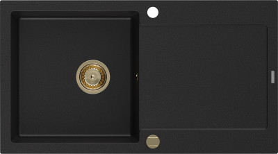 Mexen Leo  konyhai mosogató gránit 1 medence+csepegtetö+ pop up szifon  900 x 500 mm, fekete , szifon  arany  - 6501901010-77-G 1 medencés