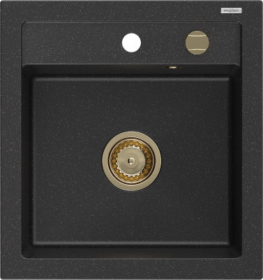 Mexen Vito  konyhai mosogató gránit 1 medence+ pop up szifon 520 x 490 mm, fekete / króm, szifon  arany  - 6503521000-73-G 1 medencés