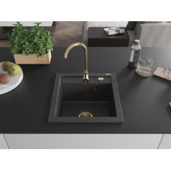 Mexen Vito  konyhai mosogató gránit 1 medence+ pop up szifon 520 x 490 mm, fekete köhatasu, szifon  arany  - 6503521000-76-G 1 medencés