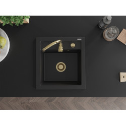 Mexen Vito  konyhai mosogató gránit 1 medence+ pop up szifon 520 x 490 mm, fekete , szifon  arany  - 6503521000-77-G 1 medencés
