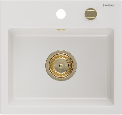 Mexen Milo  konyhai mosogató gránit 1 medence+ pop up szifon 435 x 410 mm, fehér , szifon  arany  - 6505441000-20-G 1 medencés