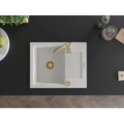 Mexen Enzo  konyhai mosogató gránit 1 medence+csepegtetö+ pop up szifon  576 x 465 mm, fehér , szifon  arany  - 6506571005-20-G 1 medencés