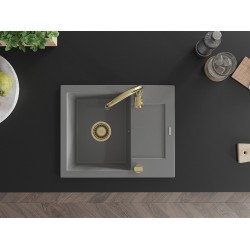 Mexen Enzo  konyhai mosogató gránit 1 medence+csepegtetö+ pop up szifon  576 x 465 mm, szürke , szifon  arany  - 6506571005-71-G 1 medencés