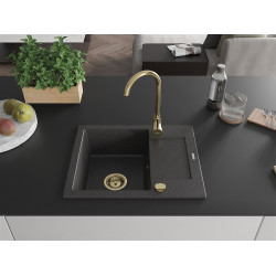 Mexen Enzo  konyhai mosogató gránit 1 medence+csepegtetö+ pop up szifon  576 x 465 mm, fekete köhatasu, szifon  arany  - 6506571005-76-G 1 medencés