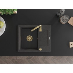 Mexen Enzo  konyhai mosogató gránit 1 medence+csepegtetö+ pop up szifon  576 x 465 mm, fekete köhatasu, szifon  arany  - 6506571005-76-G 1 medencés