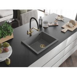 Mexen Pedro  konyhai mosogató gránit 1 medence+ pop up szifon 560 x 460 mm, szürke , szifon  arany  - 6508561000-71-G 1 medencés 1 medencés 406959 Mexen
