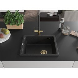Mexen Pedro  konyhai mosogató gránit 1 medence+ pop up szifon 560 x 460 mm, fekete / króm, szifon  arany  - 6508561000-73-G 1 medencés