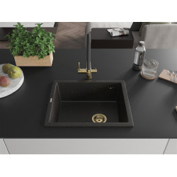 Mexen Pedro  konyhai mosogató gránit 1 medence+ pop up szifon 560 x 460 mm, fekete / arany, szifon  arany  - 6508561000-75-G 1 medencés