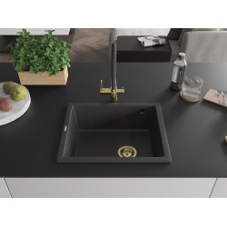 Mexen Pedro  konyhai mosogató gránit 1 medence+ pop up szifon 560 x 460 mm, fekete köhatasu, szifon  arany  - 6508561000-76-G 1 medencés