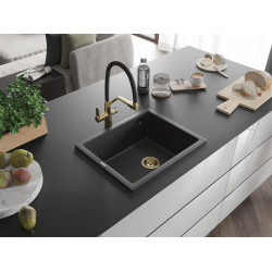 Mexen Pedro  konyhai mosogató gránit 1 medence+ pop up szifon 560 x 460 mm, fekete köhatasu, szifon  arany  - 6508561000-76-G 1 medencés 1 medencés 406959 Mexen