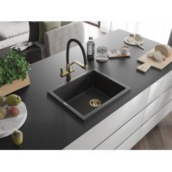 Mexen Pedro  konyhai mosogató gránit 1 medence+ pop up szifon 560 x 460 mm, fekete köhatasu, szifon  arany  - 6508561000-76-G 1 medencés