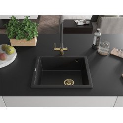 Mexen Pedro  konyhai mosogató gránit 1 medence+ pop up szifon 560 x 460 mm, fekete , szifon  arany  - 6508561000-77-G 1 medencés