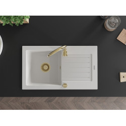 Mexen Pablo  konyhai mosogató gránit 1 medence+csepegtetö+ pop up szifon  752 x 436 mm, fehér , szifon  arany  - 6510751010-20-G 1 medencés