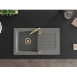 Mexen Pablo  konyhai mosogató gránit 1 medence+csepegtetö+ pop up szifon  752 x 436 mm, szürke , szifon  arany  - 6510751010-71-G 1 medencés