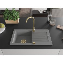 Mexen Pablo  konyhai mosogató gránit 1 medence+csepegtetö+ pop up szifon  752 x 436 mm, szürke , szifon  arany  - 6510751010-71-G 1 medencés