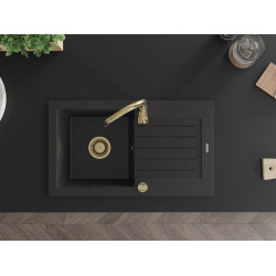 Mexen Pablo  konyhai mosogató gránit 1 medence+csepegtetö+ pop up szifon  752 x 436 mm, fekete / króm, szifon  arany  - 6510751010-73-G 1 medencés