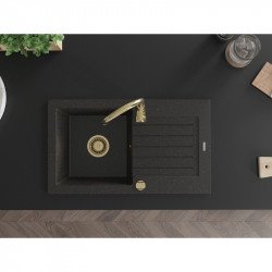 Mexen Pablo  konyhai mosogató gránit 1 medence+csepegtetö+ pop up szifon  752 x 436 mm, fekete / arany, szifon  arany  - 6510751010-75-G 1 medencés