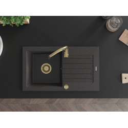 Mexen Pablo  konyhai mosogató gránit 1 medence+csepegtetö+ pop up szifon  752 x 436 mm, fekete köhatasu, szifon  arany  - 6510751010-76-G 1 medencés