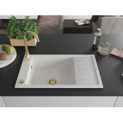 Mexen Elias  konyhai mosogató gránit 1 medence+csepegtetö+ pop up szifon  795 x 480 mm, fehér , szifon  arany  - 6511791005-20-G 1 medencés
