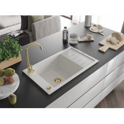 Mexen Elias  konyhai mosogató gránit 1 medence+csepegtetö+ pop up szifon  795 x 480 mm, fehér , szifon  arany  - 6511791005-20-G 1 medencés